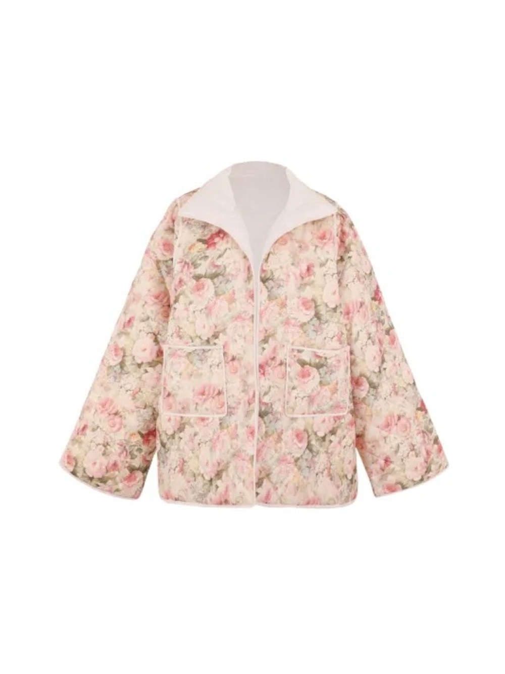 Selkie Floral Quilted Puffer Jacket in Pink and Cream